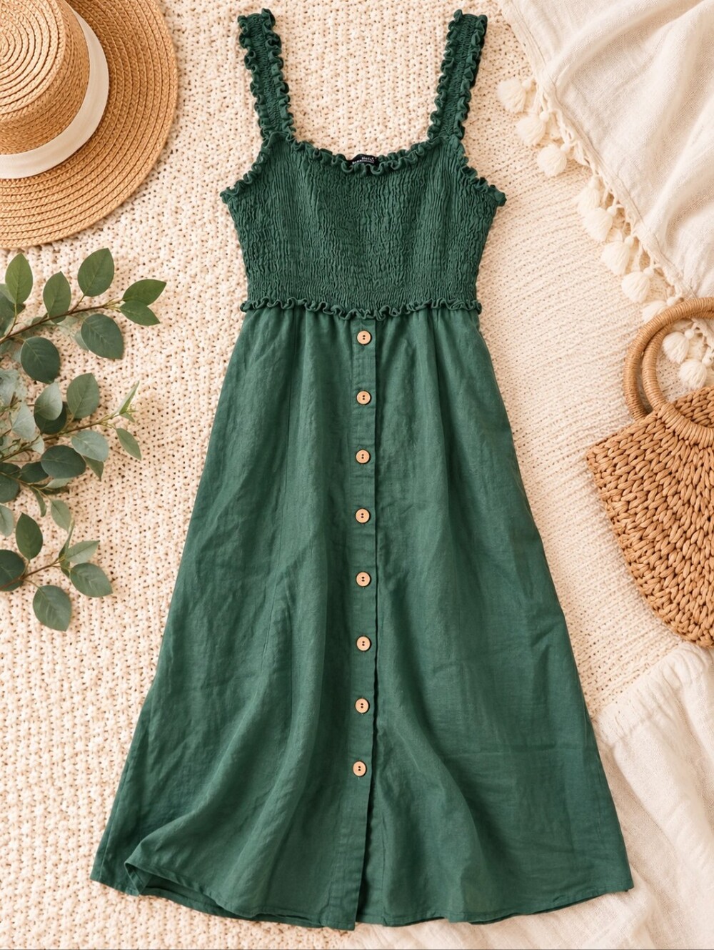 Zara Green Linen Blend Smocked Button Front Midi Dress S